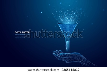 Abstract digital hand holding a hologram of funnel. Big data concept. Technology data filter. Light stream of data. Vector illustration in futuristic low poly wireframe style on blue background.
