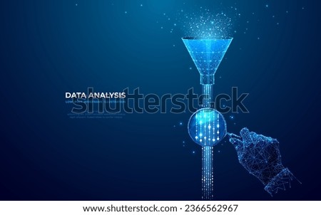 Abstract funnel with data stream and hand with magnifying on dark blue background. Data analysis concept. Digital internet wave or flow. Low poly wireframe vector illustration in a futuristic style.