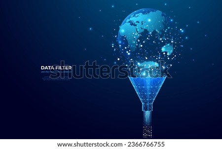 Abstract funnel with data flow and globe Earth on dark blue technology background. Global network metaphor. Big data concept. Low poly wireframe vector illustration in futuristic hologram style.