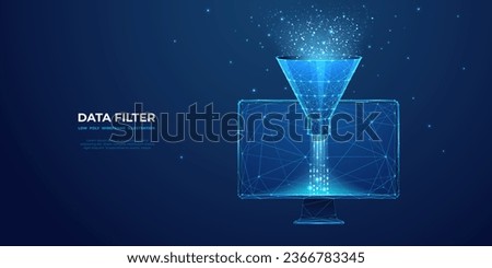 Digital Sales Funnel on Computer Monitor. Big Data Concept on Technological Background. Abstract Data Flow and Filter on the Screen. Low Poly Wireframe Vector Illustration. Starry sky polygonal style