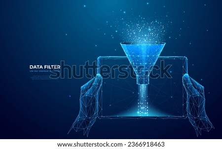 Digital Sales Funnel on a tablet screen in human hands. Big Data Concept on Technological Background. Abstract Data Flow and Filter. Low Poly Wireframe Vector Illustration in futuristic style.