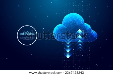 Abstract Cloud Technology. Digital cloud storage sign with two arrows up and down on dark blue technology background. Big data center and Cloud storage concepts. Low poly wireframe vector illustration