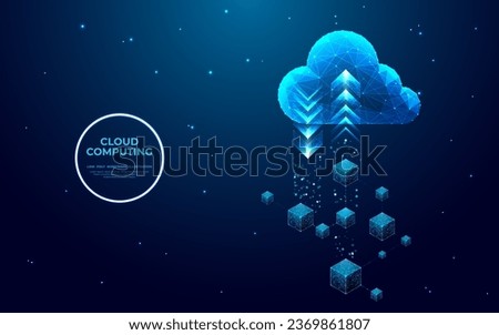 Digital cloud computing and blockchain technology. Abstract cloud with arrows up and down. Big data analysis concept. Low poly wireframe vector illustration in futuristic hologram blue style. 