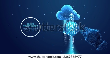 Abstract hand with magnifying glass and digital cloud, arrows up and down. Data analysis concept. Cloud computing technology. Low poly wireframe vector illustration in futuristic hologram blue style.