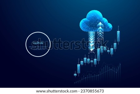 Abstract cloud storage icon with arrows up and down and Japanese candlesticks as stock market or trading concept. Graph chart on technology blue background. Low poly wireframe vector illustration.
