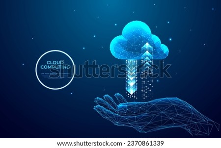  Abstract businessman holds a digital cloud computing icon with arrows up and down and connects to cloud data technology. Cloud computing concept. Low poly vector illustration in futuristic style.