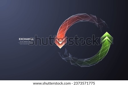 Abstract two arrows go round green and red in low poly technology style on a dark background. Currency exchange and money transfer concept. Digital recycle symbol. Vector polygonal illustration.