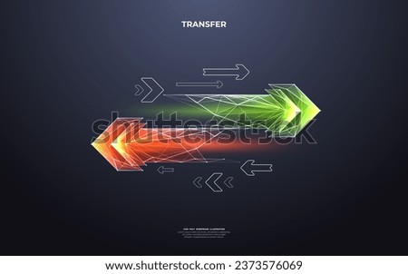 Abstract digital two left-right arrows with green and red color shapes in futuristic low poly style with doodle elements on a technology dark background. Data receive concept. Vector illustration.