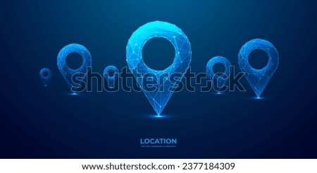 Abstract set of location map pins. GPS digital concept. Technology low poly pin in futuristic hologram style on dark background. Monochrome blue vector illustration with light-connected dots and lines