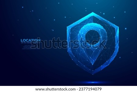 Digital pin on abstract shield. GPS protection concept. Technology location pin in futuristic low poly wireframe style on dark blue background. Monochrome hologram style. Polygonal vector illustration