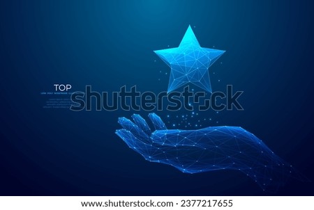 Digital star in abstract hand. Success concept. Low poly wireframe vector illustration with 3D effect in futuristic hologram blue style on technology background. Monochrome light vector illustration