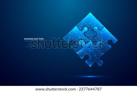 Abstract puzzle pieces. Digital jigsaw icon. Teamwork and business solution concept in a low poly wireframe style with a futuristic hologram effect. Monochrome vector illustration on blue background.