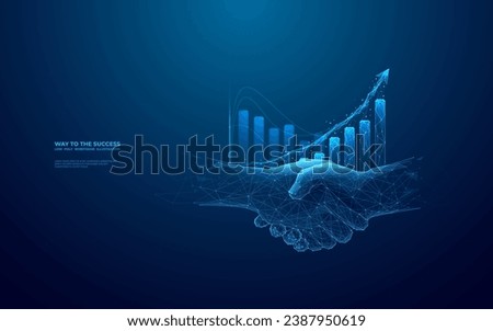 Chart graph with up arrow hologram and businessmen handshake on technology background. Rise chart bar. Stock market or growth business concept. Digital low poly light blue style. Vector illustration.