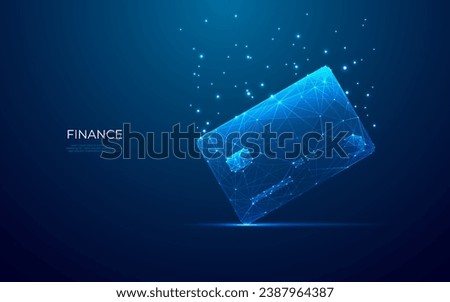 Abstract bank credit card on technology dark blue background. Payment element in futuristic hologram style. Digital money and crypto metaphor. Finance concept. Low poly wireframe vector illustration.