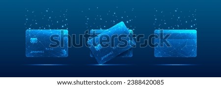 Abstract set of credit bank cards in futuristic hologram blue on a technology background. Digital debit and credit payment cards with glowing light dots. Money concept. Low poly vector illustration.