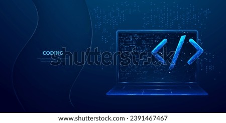 Abstract programming code icon on a laptop screen in light blue low poly futuristic style on technology background. Program and software development. Digital web code. Polygonal vector illustration.