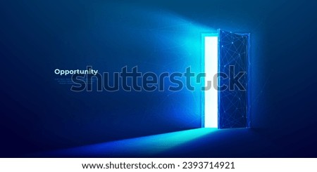 Abstract digital open door in future. Technology portal with bright neon light. Low poly futuristic door in tech blue. Opportunity concept on dark background. Wireframe polygonal vector illustration.