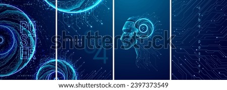 AI technology poster design. Digital abstract set of tech posters in futuristic light blue with low poly elements on a dark background. Future and Artificial Intelligence concept. Robot face. Vector.