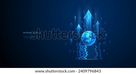 Increase Revenue Concept. Light Blue Dollar Coin and Money Stack with Growth Arrows Up on Technology Background. Financial Profit and Budget Metaphors. Digital Vector Low Polygonal Illustration. 