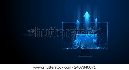 Increase Revenue Concept. Wallet with Digital Cash Money and Coins on Computer Monitor Background. Low Poly Wireframe Light Blue Vector Illustration. Financial Growth and Business. Polygonal Vector