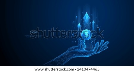 Technology Increase Revenue Concept. Money coins in a hand. Growth profit. Digital low poly wireframe vector illustration. Abstract polygonal stack of coins in a hand and arrows up on blue background.