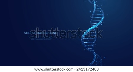 Abstract DNA double helix in futuristic technology style. Science concept. DNA blue background. Genetic and biology vector illustration. Digital gene. Low poly wireframe. Geometric 3D biology concept.