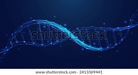 Abstract science or medicine background with DNA stand on it. Close-up double helix in light blue. Biotechnology, biology, and science concepts. Futuristic tech low poly wireframe vector illustration.