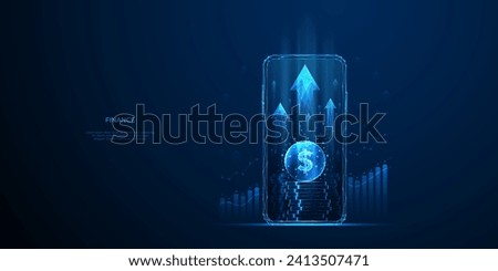 Increase Revenue. Business and finance concept. 3D money in light blue futuristic style on phone screen and growth graph chart. Digital technology background. Low poly wireframe vector illustration. 