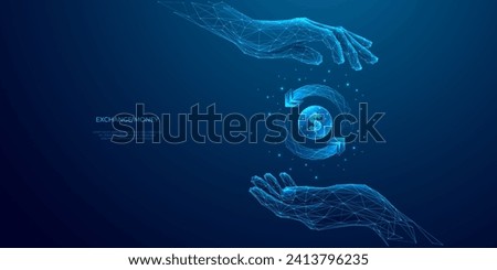 Abstract money exchange. Two hands holding digital coin with circular arrows. Cashback or cash return metaphor. Money transfer or return. Low poly vector illustration with 3D effect on blue background