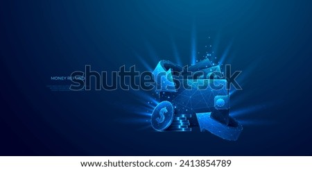Cashback, money transfer, refund concept. Digital wallet with currency and coin. Abstract light circle arrows and cash. Low poly monochrome futuristic vector illustration on blue technology background