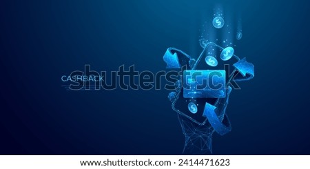 Cashback concept. 3D abstract phone in a hand with credit bank card, falling coins, return arrows. Money transfer in light blue futuristic style. Low poly vector illustration on technology background.