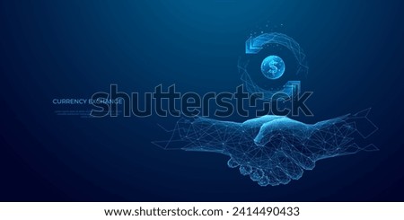 Abstract partnership, Best Deal, Investment Business finance concept. Digital handshake of partners, and exchange money symbol in light blue on technology background. 3D polygonal Vector illustration.