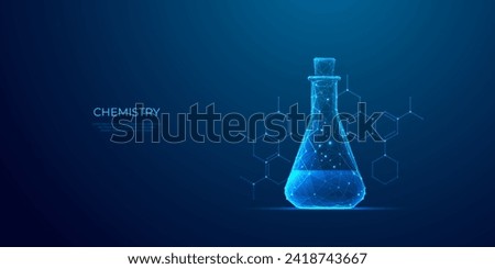 Abstract chemistry laboratory tube. Low poly lab research, medical beaker on blue technology background with chemical formula. Digital futuristic polygonal vector illustration with 3D hologram effect.