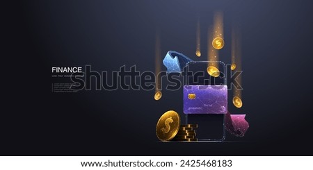 Money Cashback. Digital wallet and cash back. Abstract mobile phone, bank credit card. Circular arrows, and gold coins. Money transfer and payment. Polygonal colorful 3D wireframe vector illustration.