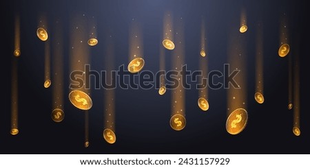 Abstract digital money rain concept. Gold coins fall on a dark background. Golden dollar coins. Jackpot or casino win concept. Polygonal 3D Vector illustration. Cash confetti on technology background.