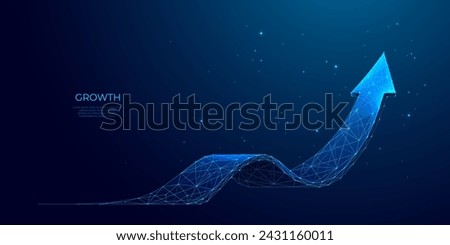 Abstract digital 3D polygonal growth arrow up on technology blue background. Career growth. Finance and business success concept. Polygonal wireframe arrow. Low poly vector illustration.