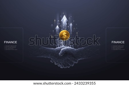 Partnership and business deal. Abstract digital handshake, golden dollar coin, and growth arrows up on technology dark background. Two partners and money. 3D polygonal wireframe vector illustration.