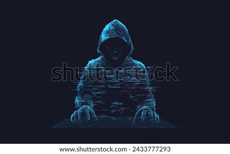 Abstract digital hacker. Cyber security concept. A man wearing a hoodie with a hidden face in front of a computer. Cyber attack and data hack. Fraud man. 3D Vector polygonal wireframe illustration.