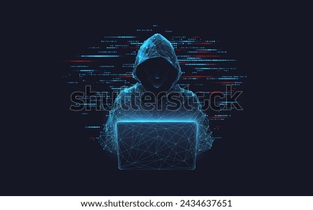 Abstract polygonal hacker with laptop on technology dark background. Cyber attack and cyber security concepts. Computer hacking. Digital technology. Man in hoodie. 3D low poly vector illustration. 