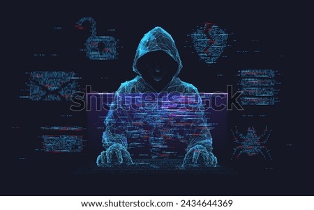 Fraud or scam background. Abstract hacker behind the monitor hologram with programmer code. Cybercriminal icons on a background. Cyber attack, computer hack, cybersecurity concept. Vector illustration