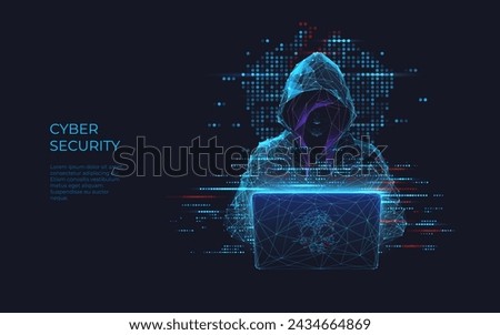 Girl hacker in a hoodie using a laptop. Abstract digital polygonal hack woman in blue on technology dark background. Cybersecurity or cyber attack concept. Computer scam. Low poly vector illustration 