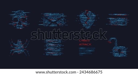 Fraud icons. Abstract digital hacker icon set in futuristic glowing dots style. Skull, bag, unlock, data server, broken shield, and bank card with red glitch dangerous particles. Vector illustration.