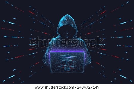 Cyber hacker attack concept. Abstract digital hacker man with a laptop and data server room. Database security. DDoS attack concept. Cyber security. Vector 3D illustration. Internet criminal and fraud