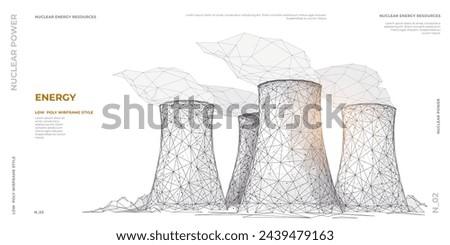 Nuclear power plant sketch. Isolated abstract polygonal nuclear reactor. Polluting energy. Industry concept. Plant, station, or factory in modern low poly wireframe style. Vector illustration.