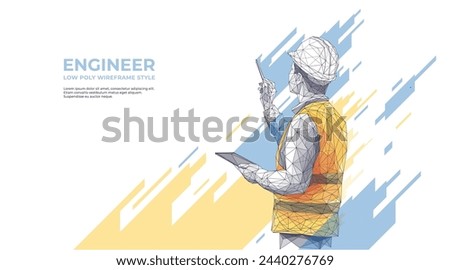Abstract polygonal isolated engineer in technology style on a white background. Industry safety or architecture concept. Worker in white helmet holding tablet. Low poly wireframe vector illustration.
