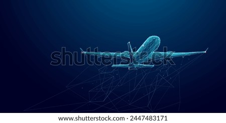 Abstract digital flight plane. The aircraft flies away into distance. Geometric polygonal airplane in the night sky. Airline technology background. Travel and Vacation concept. 3D Vector illustration.