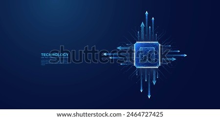 Light blue CPU on technology dark background. Abstract digital polygonal computer processor or chip with growth arrows and circuit board elements. Technology bg. Ai chip. Low poly vector illustration.