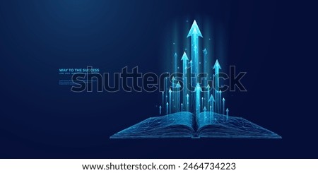 Abstract digital open book and light blue growth arrows. Skill levels growth. Increasing Skills. Technology and knowledge background. Learn concept. Education innovation. Low poly vector Illustration.