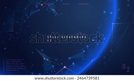 Abstract tech background with low poly wireframe elements. Space technology background in blue. Dark technology bg. Polygonal digital planet in outer space. AI technology concept. Vector illustration