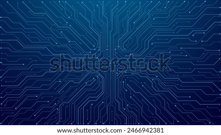 Thin circuit trace lines in blue on a dark technology background. Abstract digital tech bg. Electronics and computer technology concept. Chip and circuit board. Vector illustration. Chip connectors.